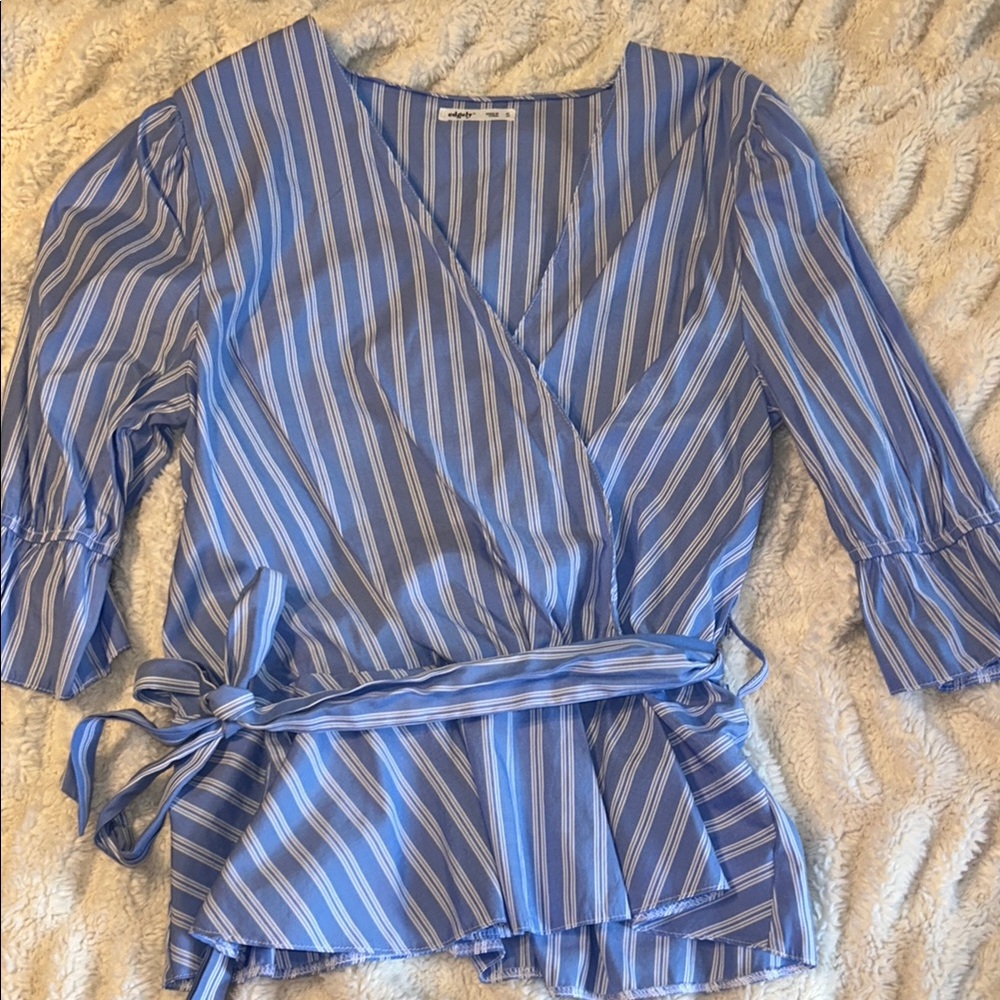 Edgely Blue and White Striped Wrap Blouse